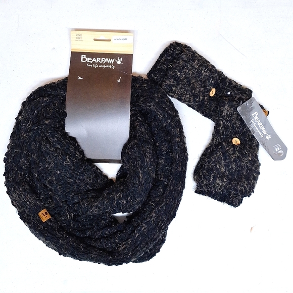 NEW! BearPaw SOFT Infinity Popcorn Scarf & Flip Top Mitten Set - Black / Brown - Picture 1 of 12
